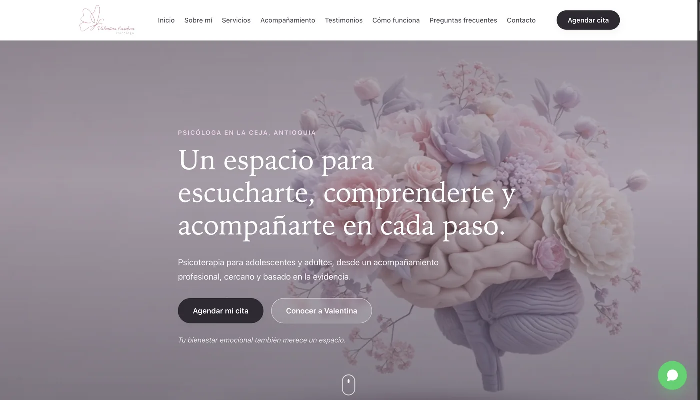 Sitio web de la psicóloga Valentina Cardona, vista de escritorio